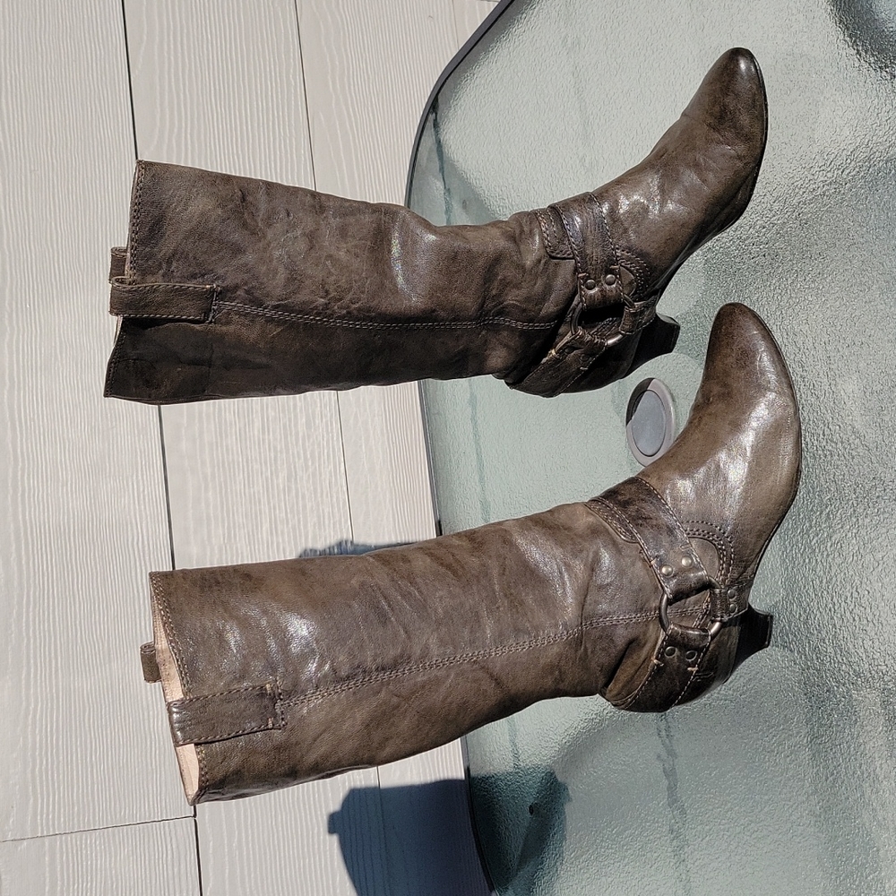 Frye Steffi Pull On Harness  Biker Kitten Heel Grey Leather Boots Size 7.5